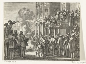 Jacob van Campen med mitra på huvudet på schavotten i Amsterdam, 1535 av Jan Luyken