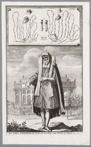 Judisk man, klädd för bön. På bakgrunden den portugisiska synagogan i Amsterdam av Jan Luyken