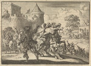 Den kejserliga befälhavaren Dampier faller från sin häst efter ett skott från Presburgs (Bratislavas) murar, 1620 av Jan Luyken