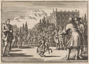 På ett torg i Madrid har en folkmassa samlats runt Louisillo, dvärgen till kungen av Spanien, 1675 av Jan Luyken