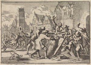 Upplopp i Dordrecht där en bild av Cornelis de Witt förstörs av folket, 1672 av Jan Luyken