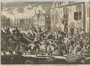 Revolt i Enkhuizen där viceamiralerna Kwasts och Turks hus förstörs, 1635 av Jan Luyken