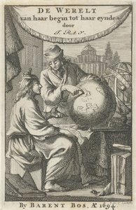 Två män studerar en jordglob Titelsida för: J. Ray, The World from Her Beginning to Her End, 1694 av Jan Luyken