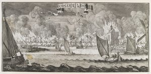 Utsikt över byn Durgerdam, nära Amsterdam, under branden 1687 (gravyr) av Jan Luyken