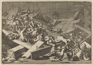 Våningen i den kejserliga befullmäktigades huskyrka greve von Bercka kollapsar, 1697 av Jan Luyken