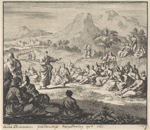 Tidiga kristna lyssnar på en predikan i vildmarken Religiöst möte i fält (titel på objekt) av Jan Luyken