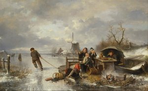 Barn som leker på en frusen sjö i ett vinterlandskap (olja på duk)