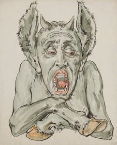 Kartong till polychromin i Mariakyrkan – Bröstbild av djävulen med vidöppen käft av Jan Matejko