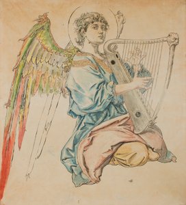 Kartong för polykromin i Mariakyrkan - Gestalt av en ängel som spelar luta av Jan Matejko
