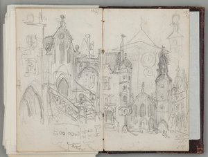 Jan Matejkos skissbok från München. Ensidig teckning. Framsida: studie av den gamla Marienplatz i München och studie av torn. av Jan Matejko