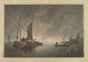 Skickar till en muromgärdad stad vid solnedgången av Jan Matthias Cok