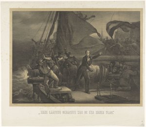 Jan van Speijk på väg att kasta säkringen i lastrummet, 1831 Hans sista tanke var äran av hans flagga (titel på objekt)