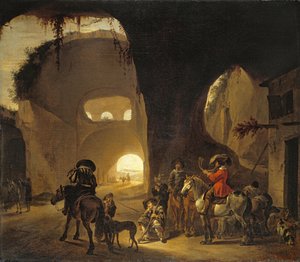 Falkjägare framför ett värdshus i en ruin av Jan Miel