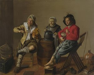 Två pojkar och en flicka som gör musik. 1629