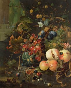 Stilleben av frukt och insekter