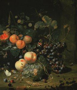 Stilleben med frukt och blommor