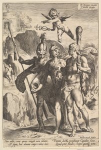 Hercules visas den bergiga vägen till Temple of Immortal Fame i företaget..., ca. 1591. av Jan Muller