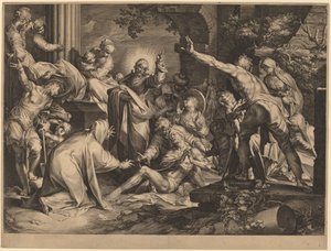 Lazarus uppståndelse av Jan Muller after Abraham Bloemaert
