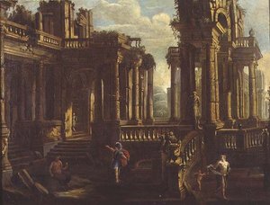 En capriccio av klassiska ruiner med en krigare, en satyr och Amor som jagar en nymf