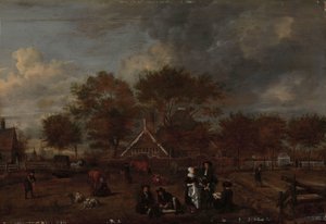 Gård med Herrbonden och hans fru och målaren i förgrunden av Jan Pietersz Opperdoes