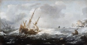 Skeppar i en storm på en stenig kust