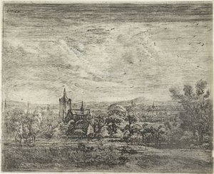 Byutsikt med en kyrka av Jan Ruyscher