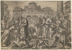 Apostlarna delar ut pengarna till de behövande, ca. 1600 av Jan Sadeler
