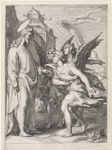 Kristus med tre änglar Liknelsen om ogräset bland kornen (serietitel) av Jan Saenredam (attributed to)