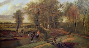 Ett trädbevuxet flodlandskap med figurer, häst och vagn, 1692