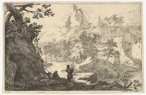 Landskap med ruiner av ett slott på en kulle, tidigt 1700-tal. av Jan Smees