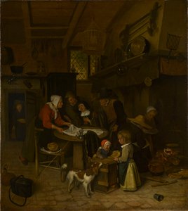 En scen i ett bondkök med en tjänare som lägger ut duken av Jan Steen