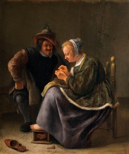 En kvinna som stoppar en strumpa av Jan Steen