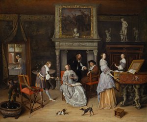 Fantasiinteriör med Jan Steen och Gerrit Schoutens familj av Jan Steen