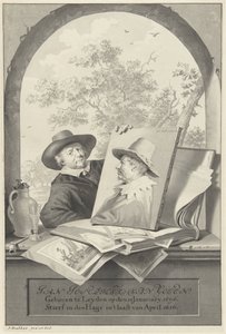 Man med en mapp med teckningar och ett porträtt av Jan van Goyen