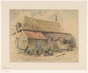 Bondgård med träkonstruktion, framför en skottkärra och en slipsten
