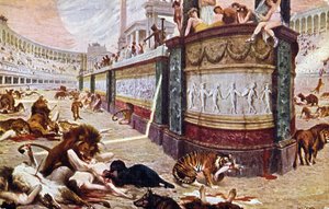Vykort som föreställer de blodiga lekarna i arenan i Rom, illustration från "Quo Vadis", 1910