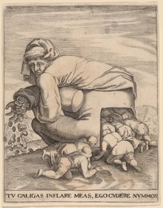 Mannen med pengapåsen och hans smickrare av Jan Theodor de Bry after Pieter Bruegel the Elder