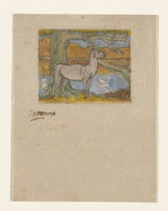 Rådjur nära ett träd framför en damm Rådjur nära ett träd (originaltitel) av Jan Toorop (signed by artist)