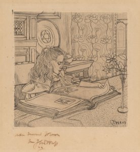 Charley tittar på ett album med utskrifter av Jan Toorop