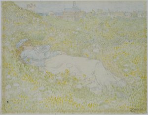 Kvinna som ligger i sanddynerna nära Noordwijk Flicka som ligger i gräset med siluetten av Noordwijk i bakgrunden av Jan Toorop