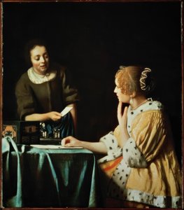 Dam med tjänsteflicka och brev av Jan Vermeer van Delft
