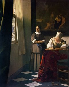 Dam som skriver ett brev med sin hembiträde av Jan Vermeer van Delft