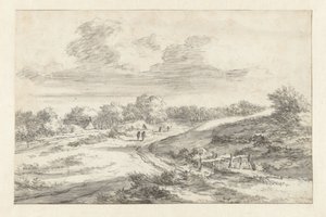 Dunelandskap med figurer längs en väg, med en stuga i fjärran av Jan Vermeer van Haarlem (I) (attributed to)