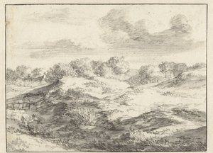 Dunelandskap, med en stuga i fjärran av Jan Vermeer van Haarlem (I) (attributed to)
