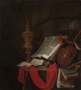 Stilleben med musikinstrument och böcker Vanitas av Jan Vermeulen