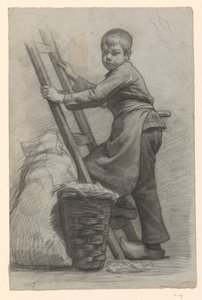 Pojke stående vid en stege och en korg av Jan Veth
