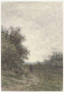 Landskap med en ryttare och en flock får med en herde