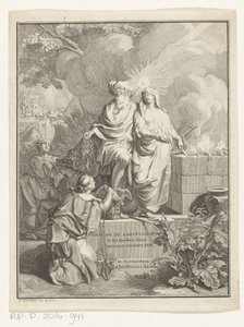 Allegorisk titelsida med patriarken Abraham och sanningen Titelsida för: Arnold Hoogvliet, Abraham patriarken, i XII Boeken, 1728