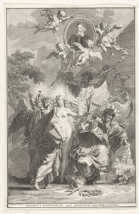 Allegorisk titelsida med porträttet av författaren Edward Simson Titelsida för: Edward Simson, Chronicon historiam catholicam complectens, 1729