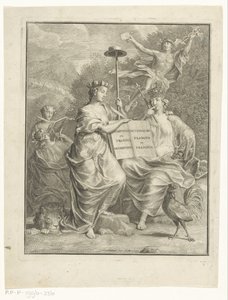 Personifieringar av österrikiska Nederländerna och Frankrike Holländsk och fransk ordbok / Dictionnaire Flamand et François (titel på objekt) Titelsida för: François Halma, The large French and Nederduitsch dictionary, 1761 av Jan Wandelaar
